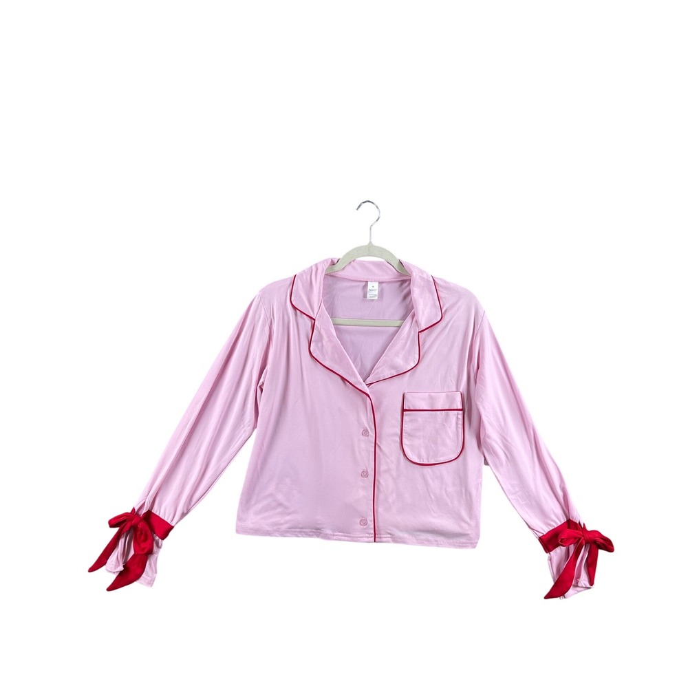 5B Style Pink Long Sleeve Sleep Shirt Red Ribbon Tie Cuffs Pajama Top Medium